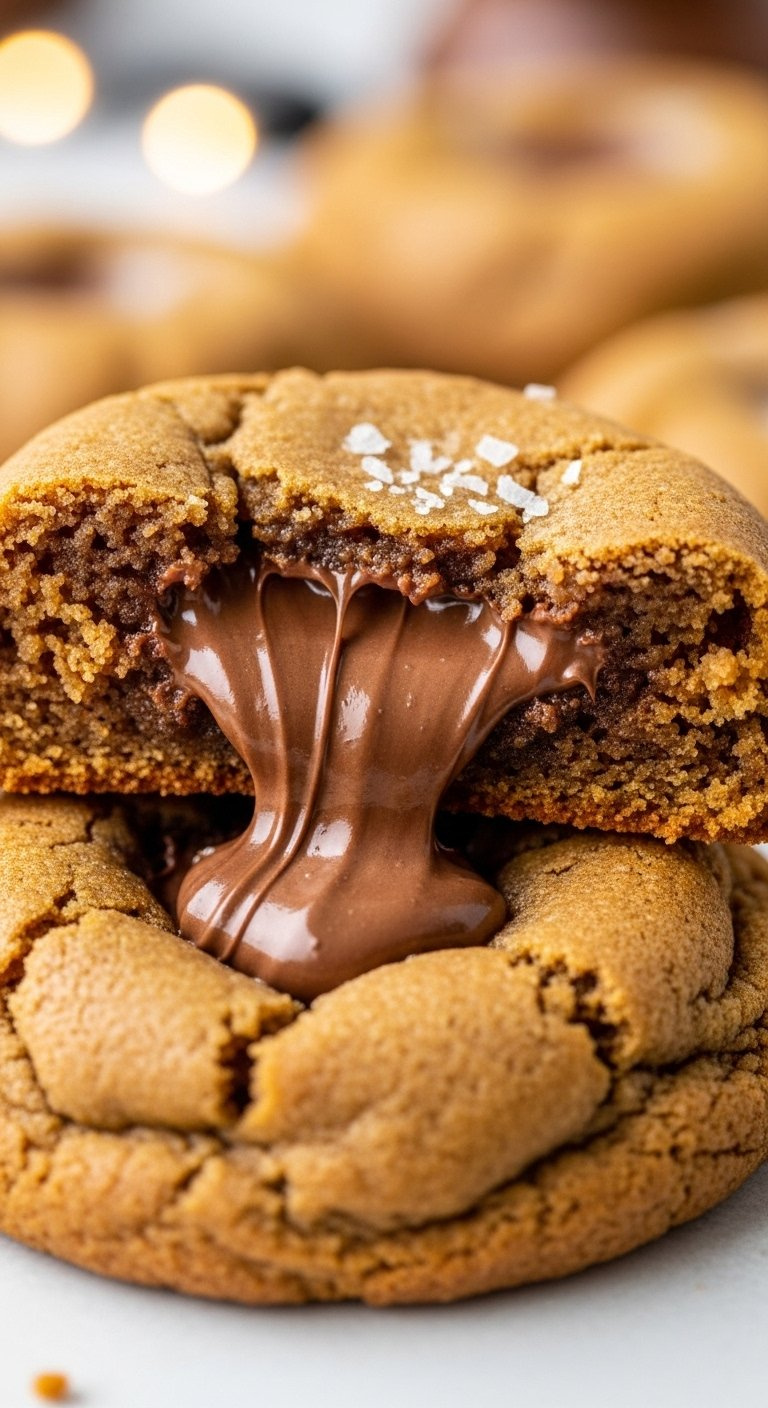 Nutella-Stuffed Brown Butter Cookie Broken In Half Showing River Of Gooey Hazelnut Spread Flowing From Thick Golden Center.