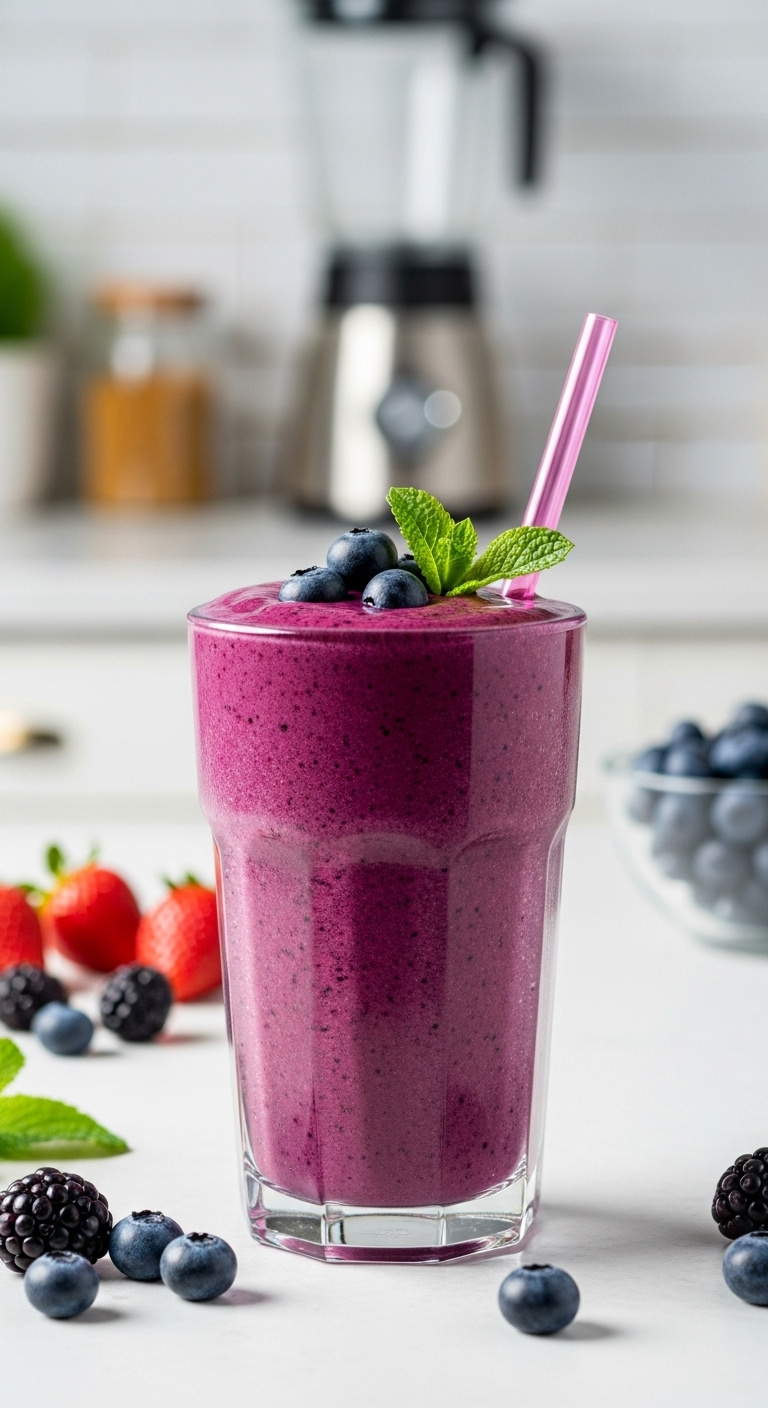 Nutrient-Packed Smoothie In A Tall Glass With Blueberries Mint Leaf And Reusable Straw On A White Countertop