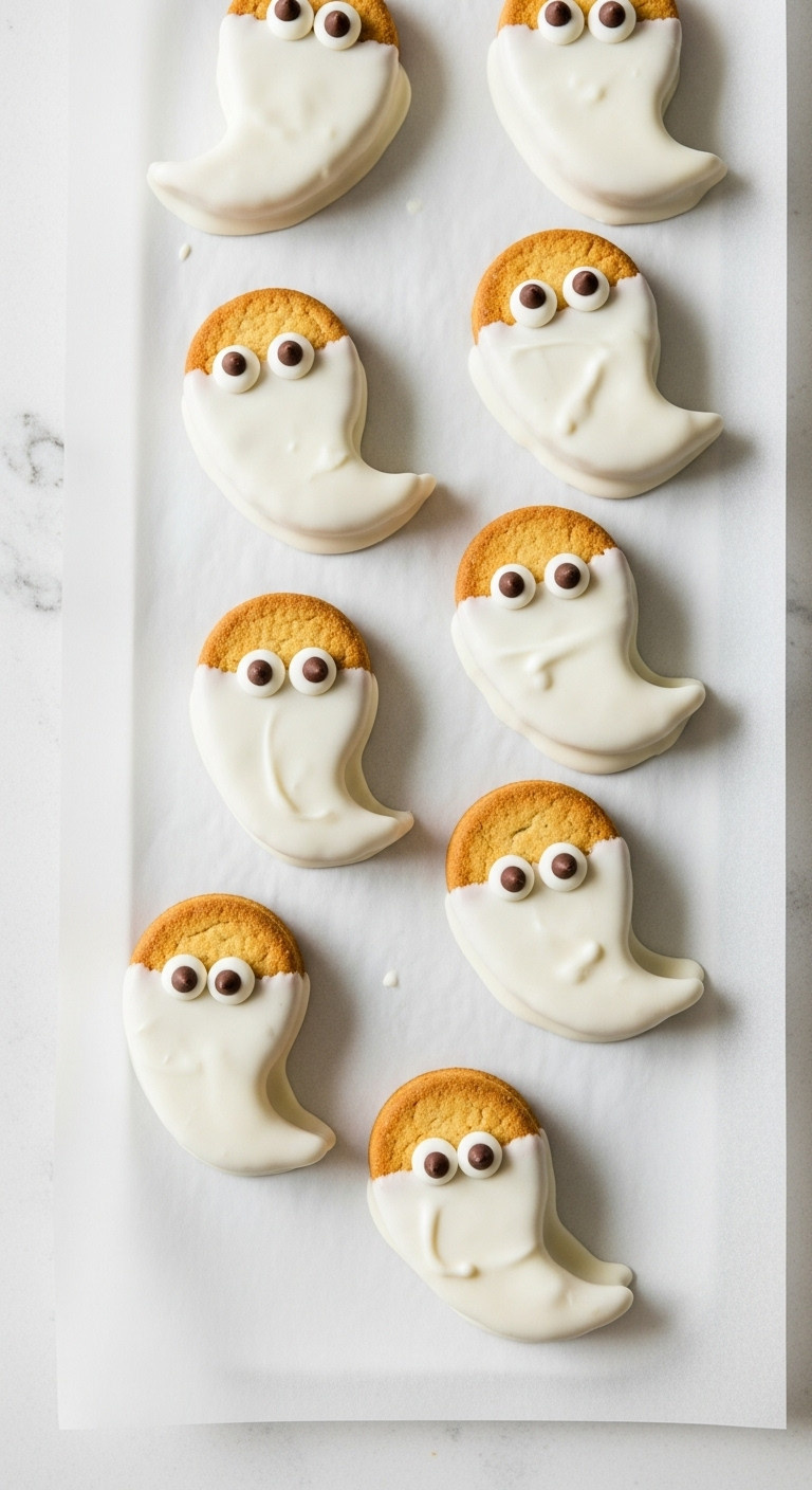 Nutter Butter Ghosts Coated In White Chocolate With Mini Chocolate Chip Eyes On Parchment Paper For Easy Halloween Crowd Recipes
