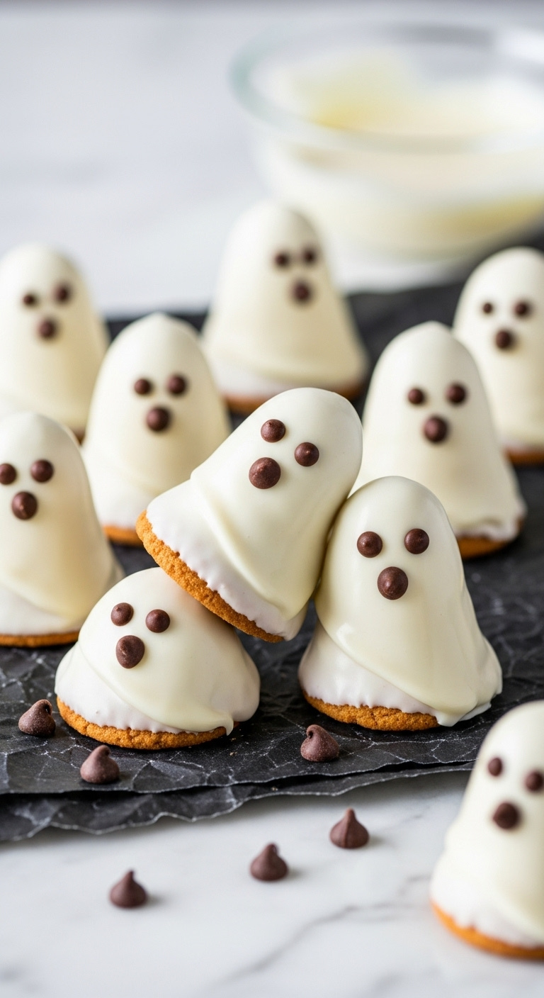 Nutter Butter Ghosts Dipped In White Chocolate With Mini Chocolate Chip Eyes On Black Parchment Paper
