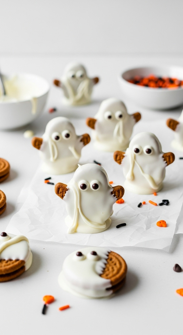 Nutter Butter Ghosts Covered In White Chocolate With Chocolate Chip Eyes On Wax Paper
