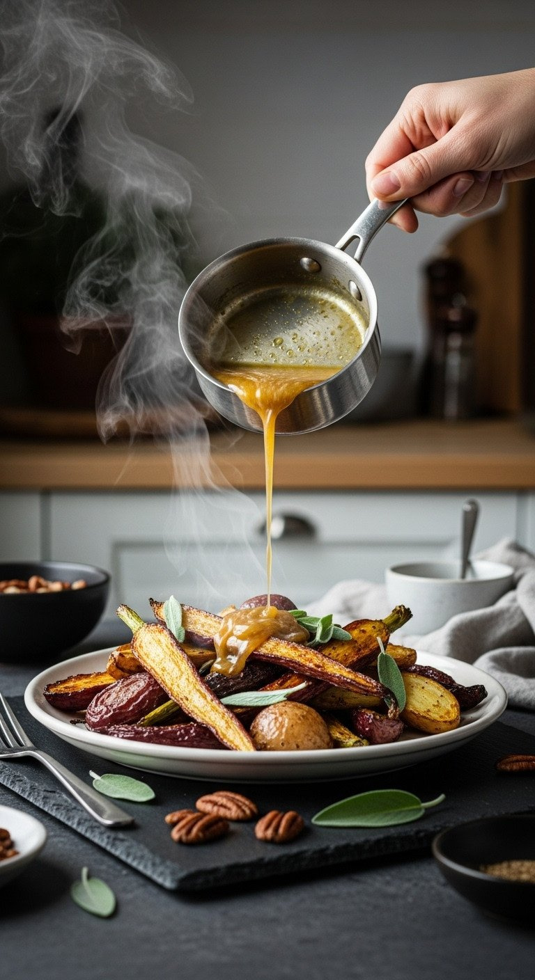 Nutty Brown Butter Drizzled From Saucepan Over Roasted Root Vegetables. Warm, Elegant Finishing Touch With Pecans And Sage.