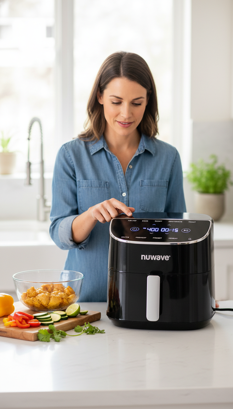 A Photo Showing The Nuwave Brio Plus On A Kitchen Counter Next To An External Digital Thermometer And A Plate Of Air-Fried Chicken Wings.