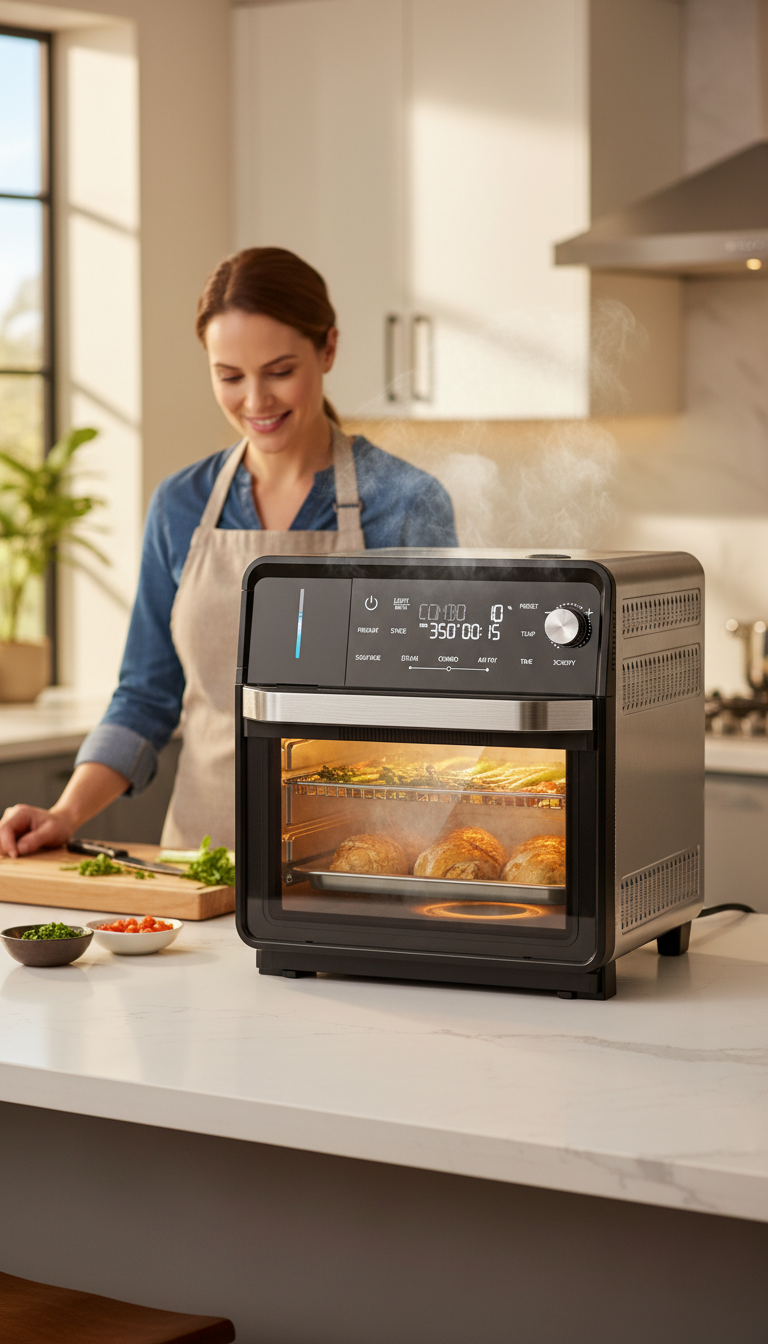 A Photo Showing The Nuwave Combi Steam Oven On A Kitchen Counter With A Digital Thermometer Probe Inside A Roast Chicken.