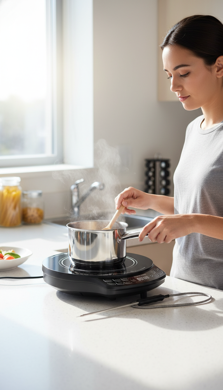 A Kitchen Counter With The Nuwave Diamond Induction Cooktop, A Pan, And Various Ingredients Ready For Cooking.