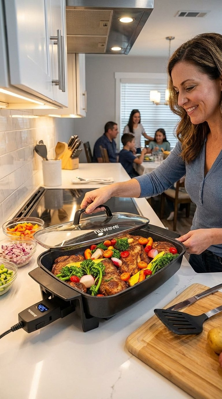 A Nuwave Medley Xl On A Kitchen Counter With An Infrared Thermometer Pointed At The Cooking Surface And A Notepad With Performance Logs.