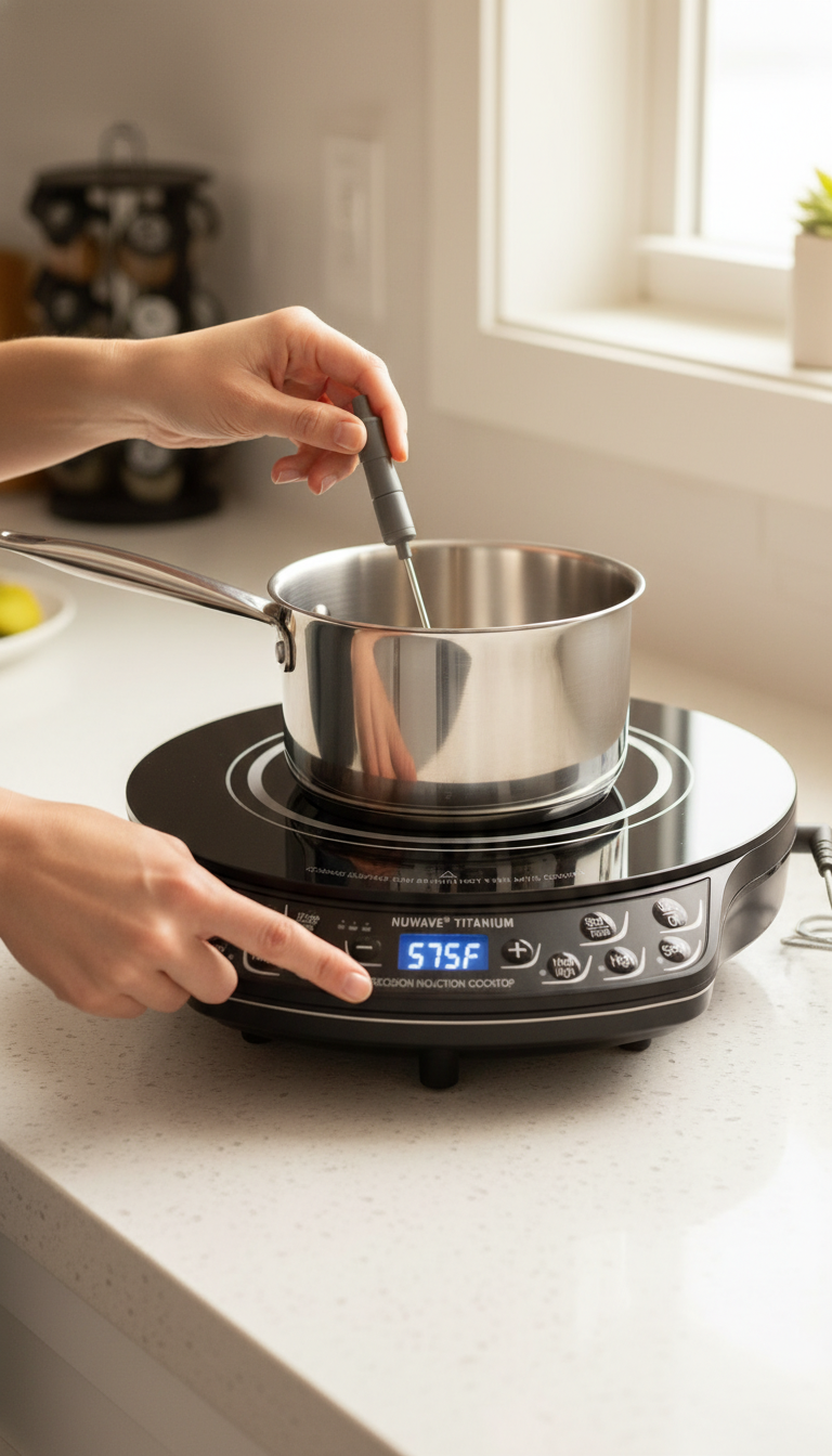 A Nuwave Portable Induction Cooktop In A Real Kitchen Setting With An Infrared Thermometer Pointed At A Pan And A Stopwatch Nearby.