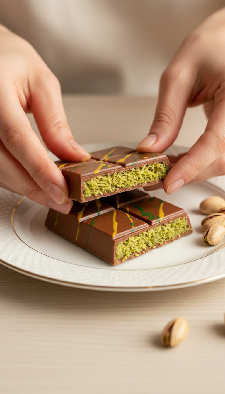 A Close-Up Of The Omniya Delicacy Dubai Pistachio Kunafa Chocolate Bar Showing The Layers Of Chocolate, Pistachio Cream, And Crispy Kunafa.