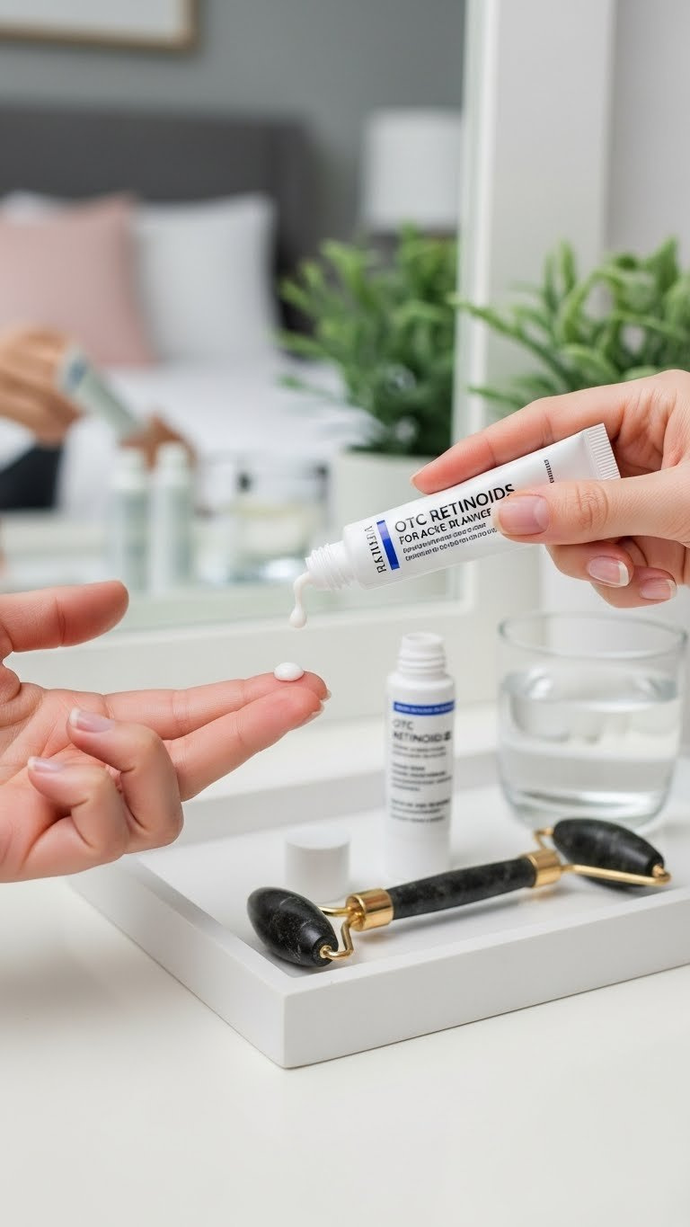 Otc Retinoid Cream Dispensed On Fingertip From Sleek Tube For Acne Cell Turnover Skincare