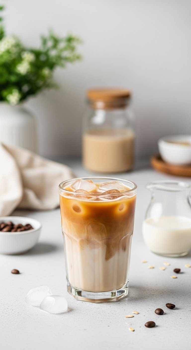 Oat Milk Iced Latte With Creamy Foam And Ice On A Light Textured Surface.