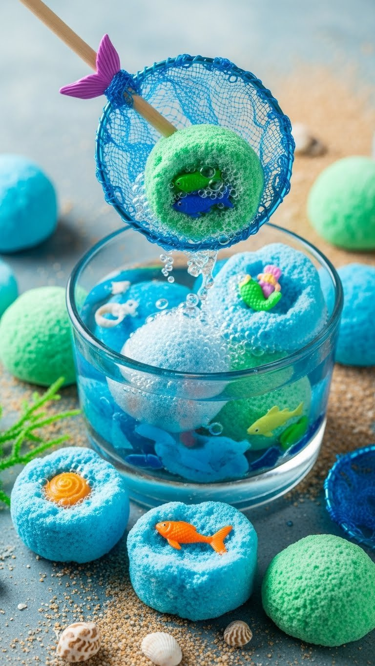 Ocean-Themed Baking Soda Treasure Rocks Dissolving In Water Bowl Revealing Seashells And Fish Figurines
