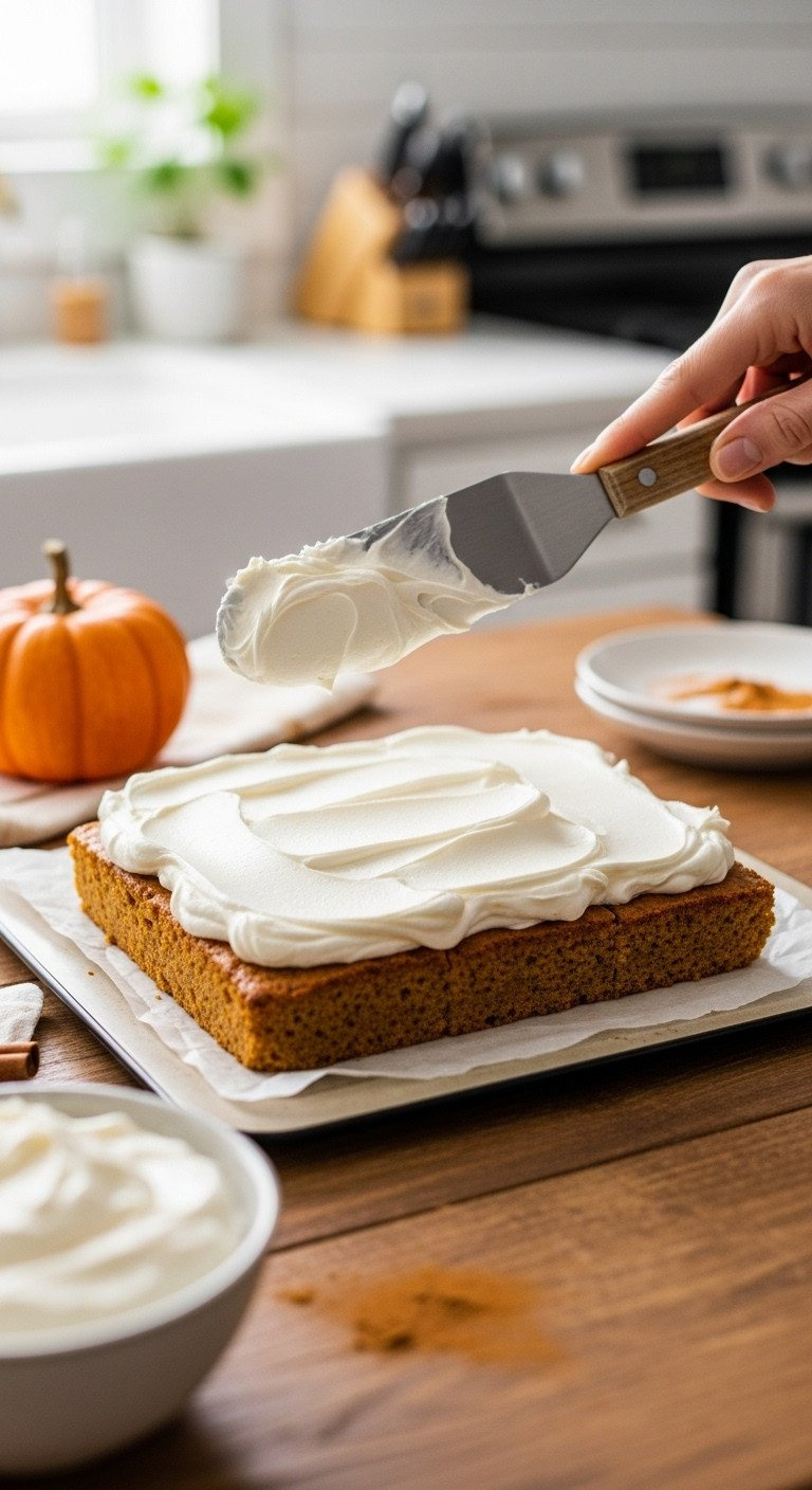 Offset Spatula Spreading Thick White Cream Cheese Frosting With Swirls Over Cooled Pumpkin Bars In A Pan On A Rustic Table.