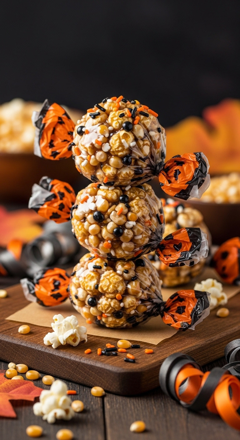 Old-Fashioned Popcorn Balls Wrapped In Orange And Black Cellophane With Sprinkles On A Rustic Board. Nostalgic Halloween Treat.