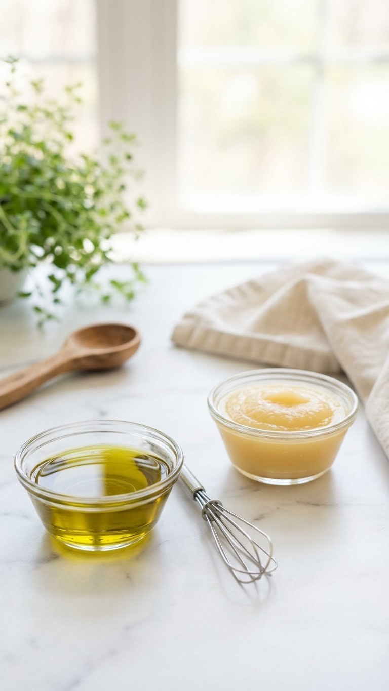 Olive Oil Next To Smooth Applesauce In Bowls On Marble, Demonstrating Healthy Fat Substitute For Baking.