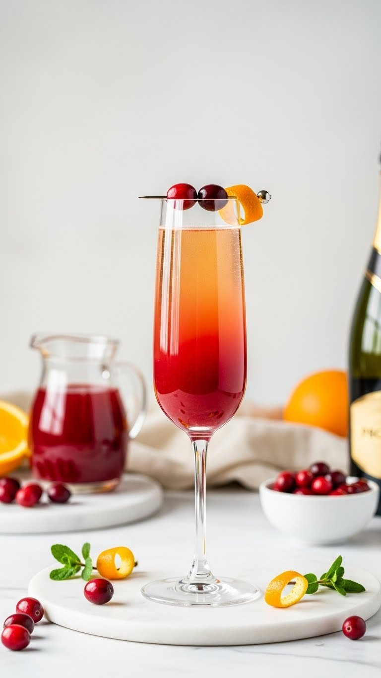 Ombre Cranberry Mimosa In Tall Flute Glass With Red To Golden Gradient And Festive Garnishes