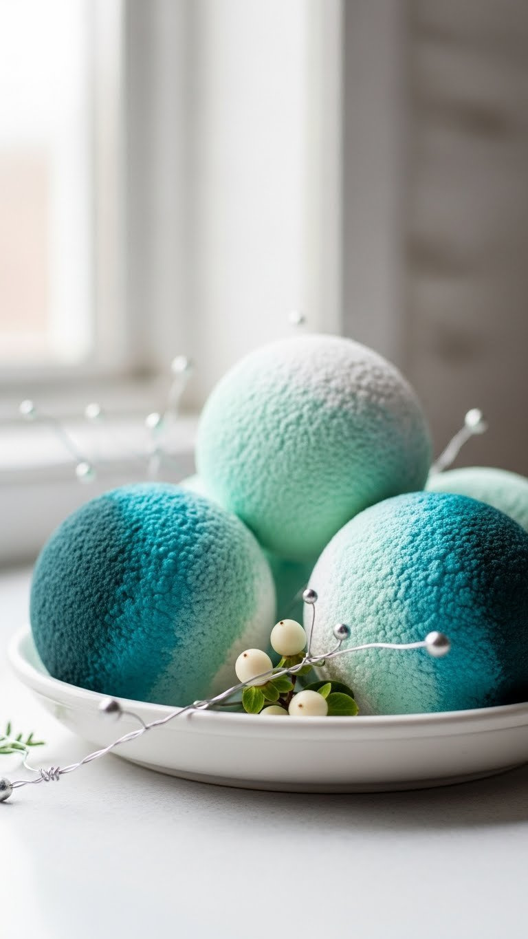 Ombre Textured Baking Soda Acrylic Paint Ornaments Showing Seamless Color Gradient From Teal To Mint Green On White Ceramic Dish