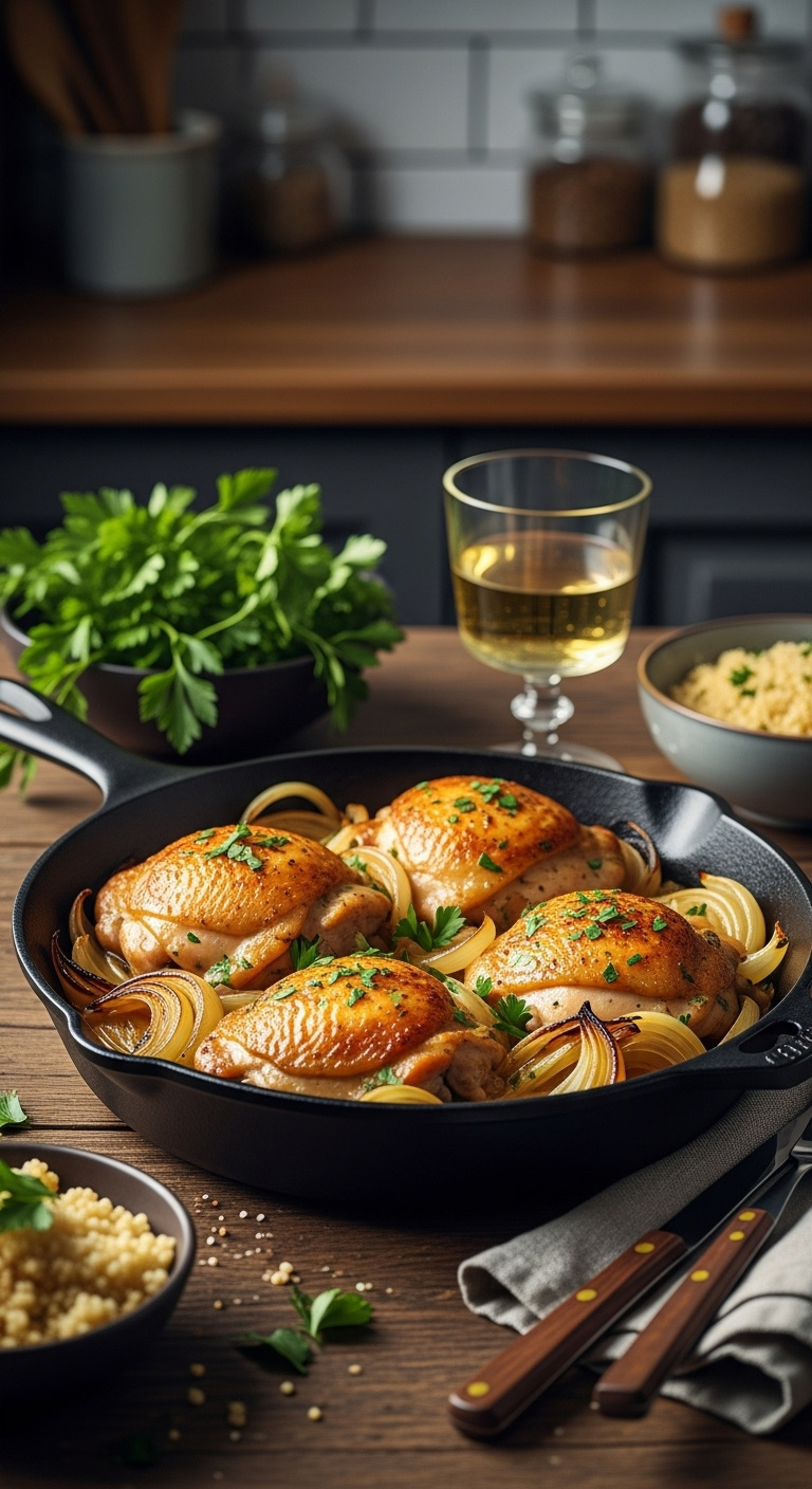 One Pan Garlic Dijon Chicken With Caramelized Onions And Fresh Parsley In A Cast Iron Skillet On A Rustic Wood Table