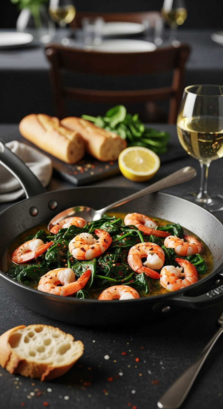 One Pot Garlicky Shrimp And Spinach In A Rustic Skillet With Red Pepper Flakes Baguette Lemon And White Wine