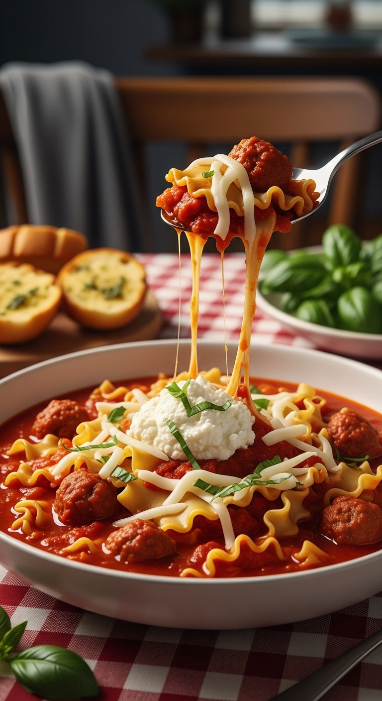 One Pot Lasagna Soup With Noodles Italian Sausage Ricotta Mozzarella In Bowl On Checkered Tablecloth With Garlic Bread