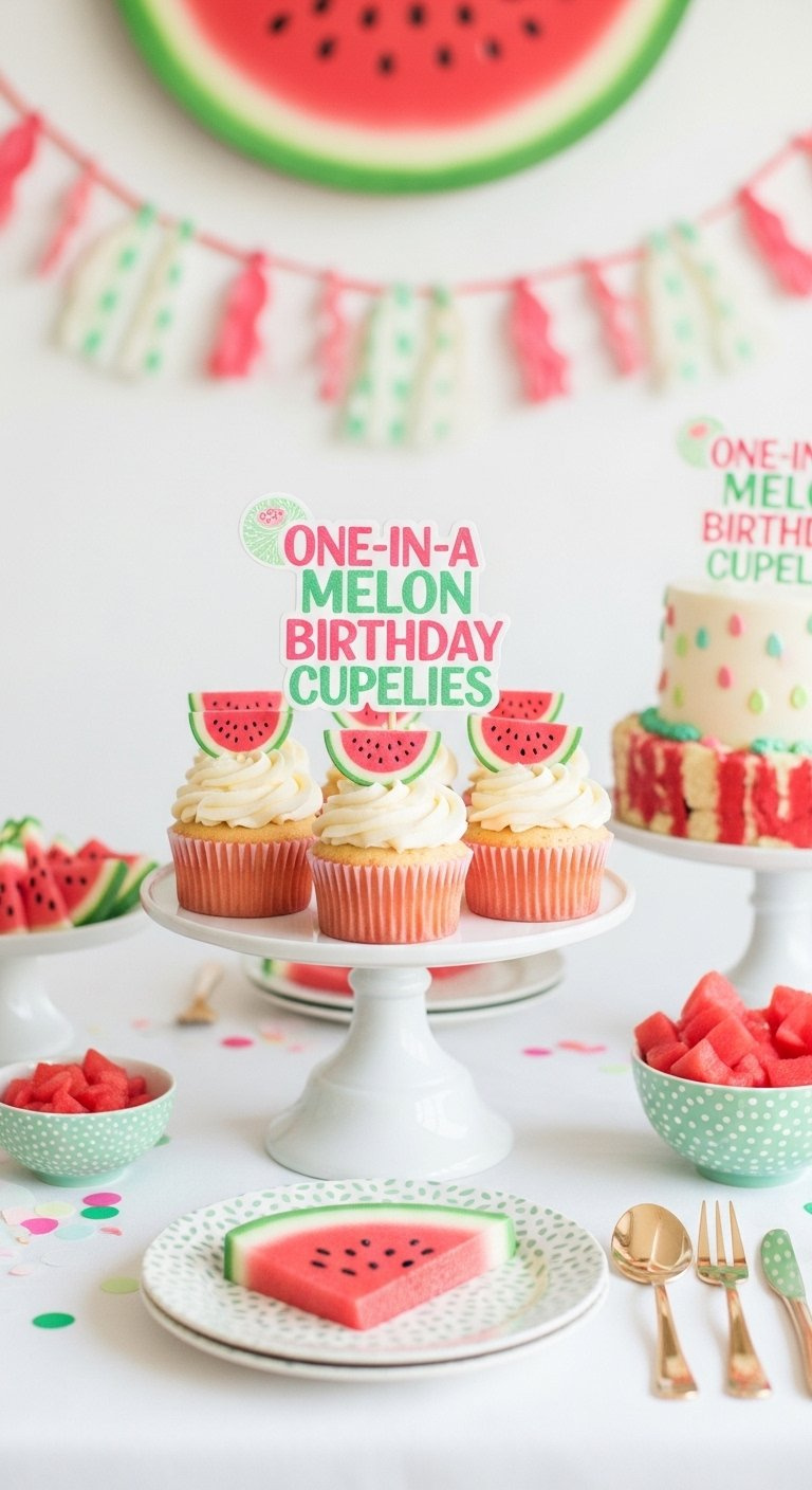 One-In-A Melon Birthday Cupcakes Displayed On An Elegant Tiered Stand At A Decorated Dessert Table.