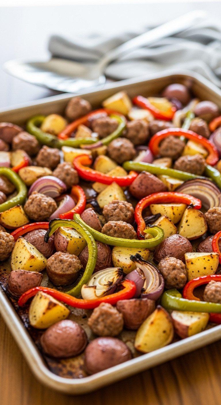 One-Pan Italian Sausage And Red Potatoes With Bell Peppers And Onions On A Sheet Pan