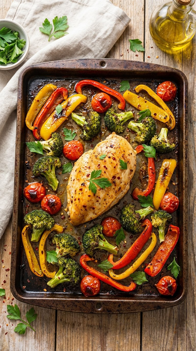 One-Pan Baked Chicken Breast Dinner With Roasted Vegetables On Dark Metal Sheet Pan In Bright Kitchen Setting