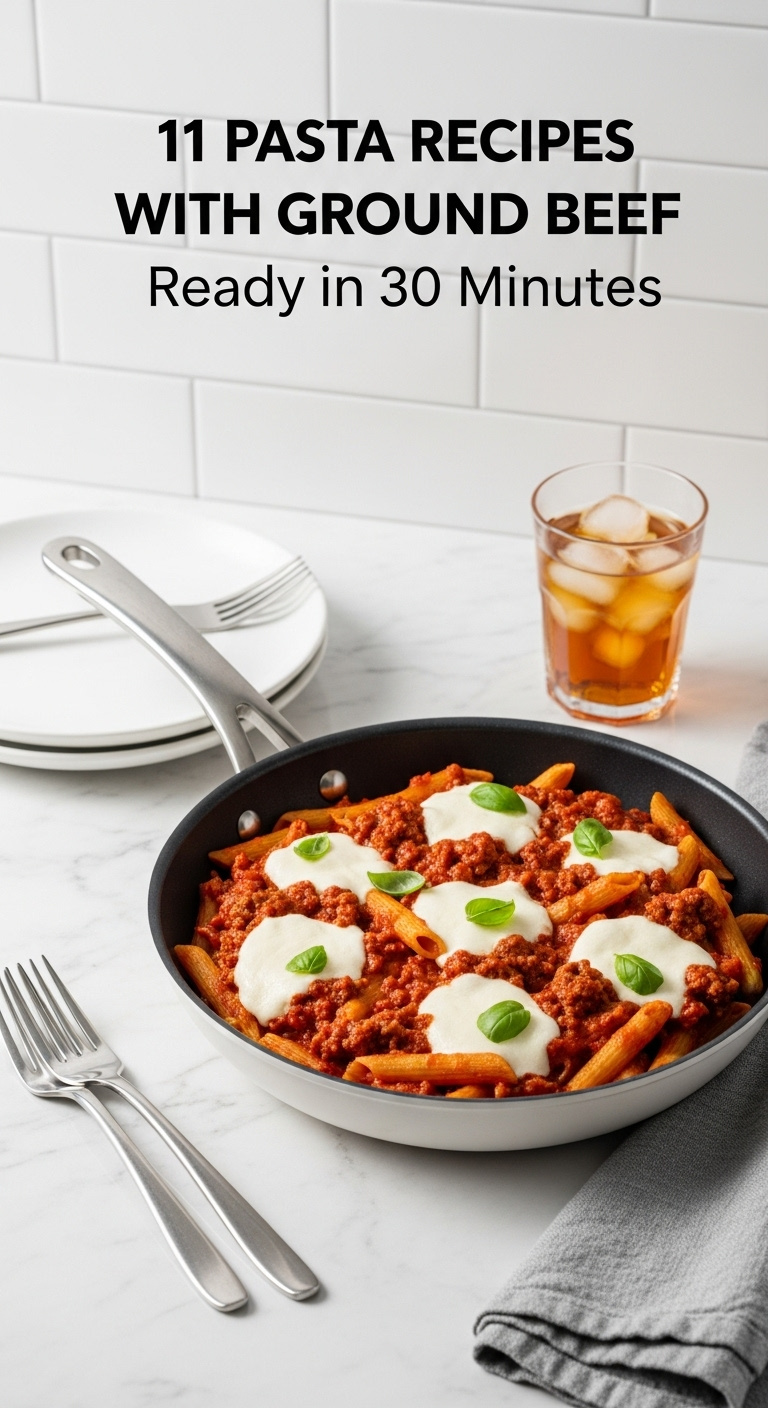 One Pan Beef Penne In Marinara Sauce With Melted Mozzarella And Fresh Basil On A White Marble Countertop