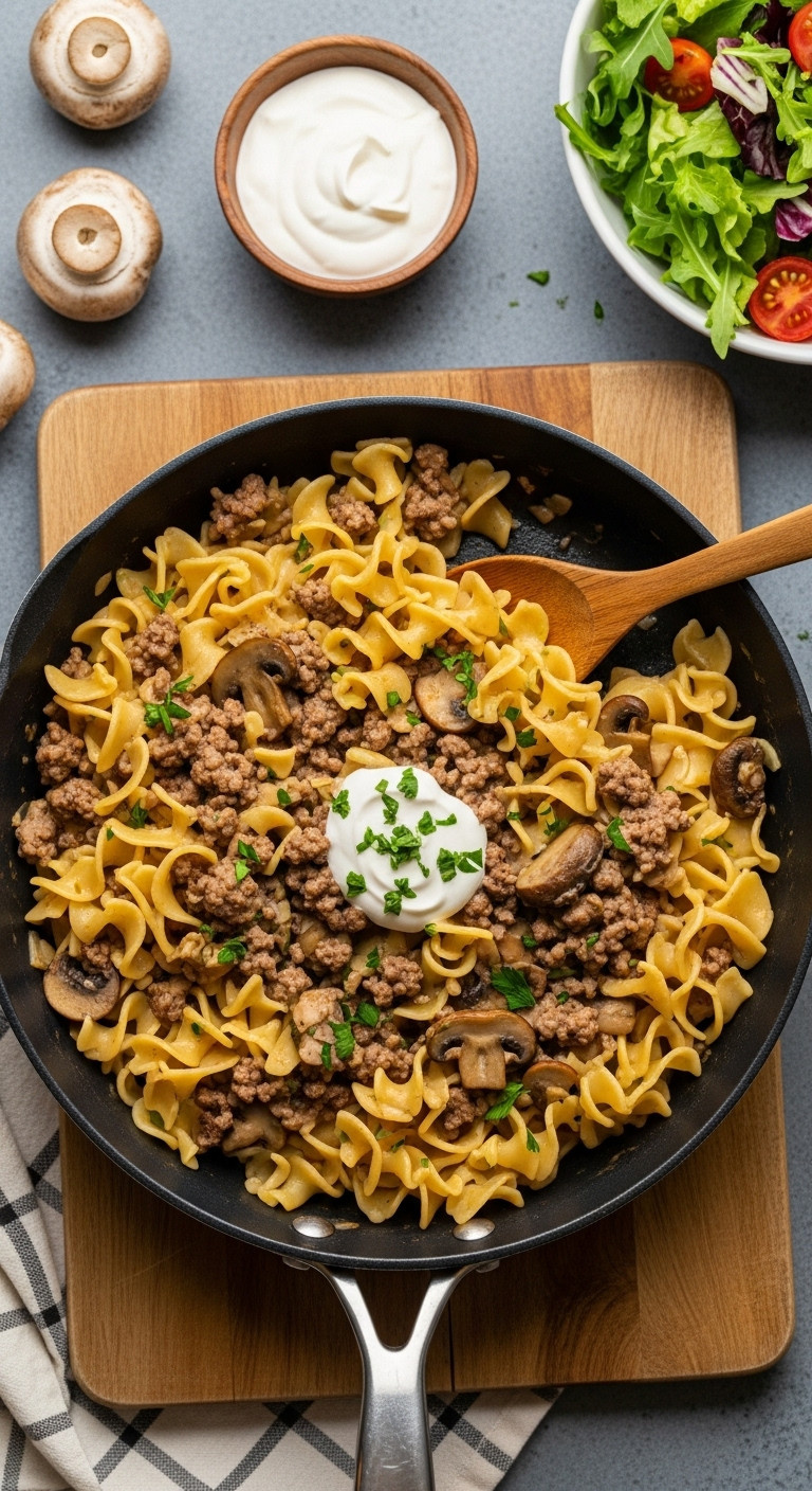 One Pan Beef Stroganoff With Ground Beef Mushrooms Egg Noodles And Sour Cream Sauce Garnished With Parsley