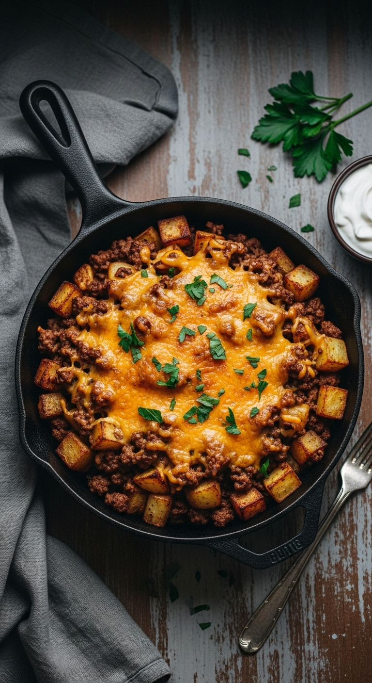 One-Pan Cheesy Ground Beef And Potato Skillet With Melted Colby Jack Cheese And Parsley