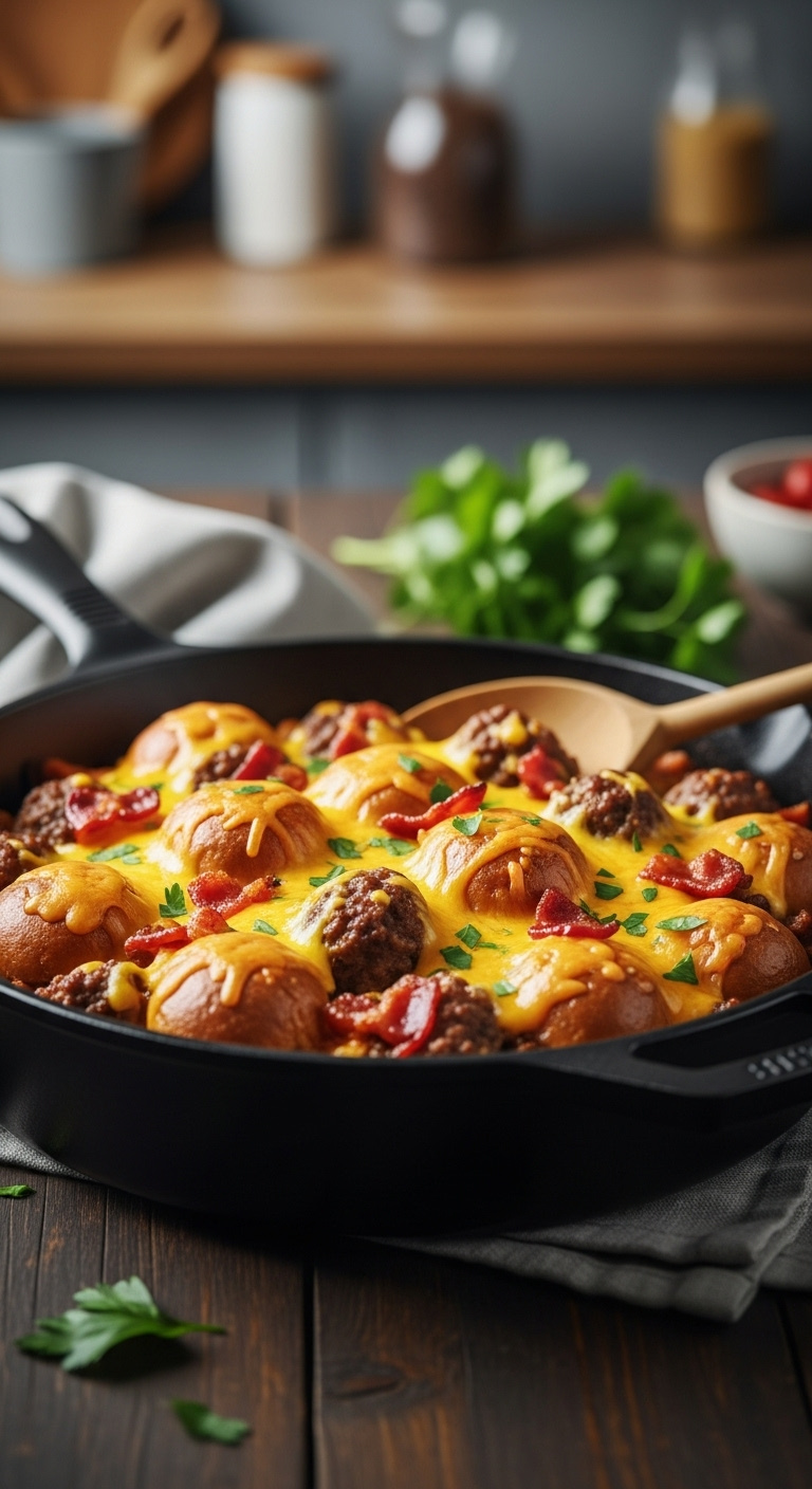 One-Pan Keto Cheeseburger Casserole With Melted Cheddar Bacon Bits And Ground Beef In Cast Iron Skillet With Fresh Parsley High-End Magazine Cover Style