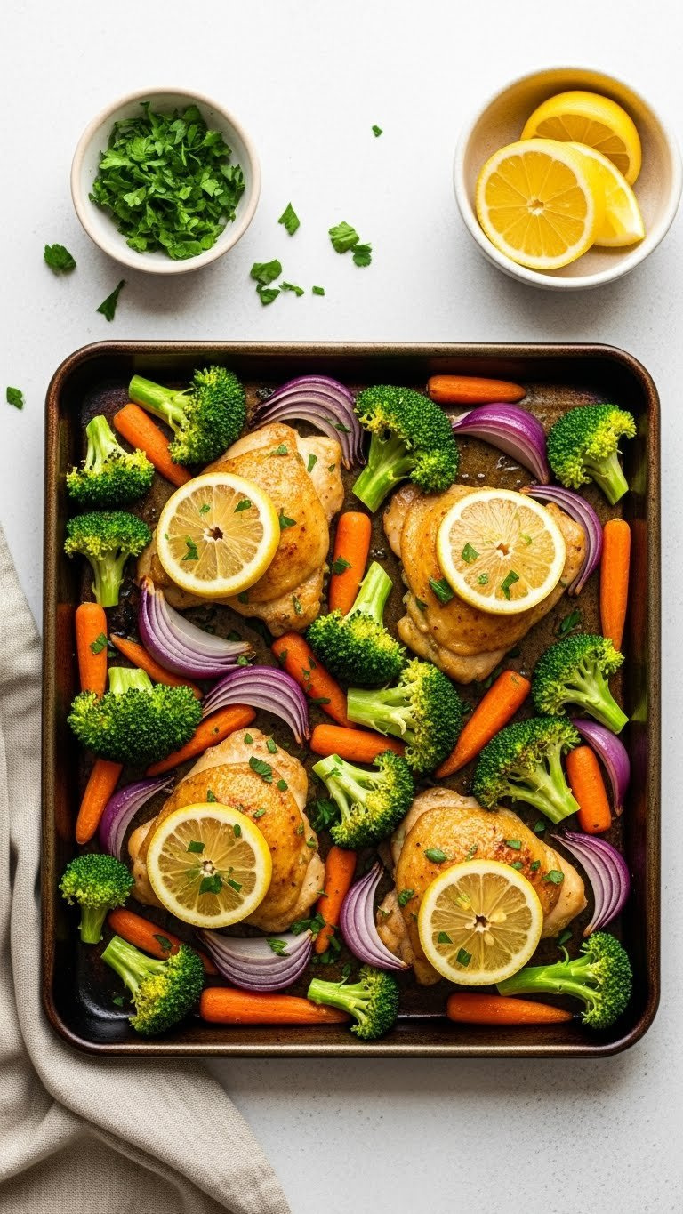One-Pan Lemon Garlic Chicken With Roasted Vegetables On Dark Sheet Pan Featuring Golden-Brown Thighs And Colorful Veggies