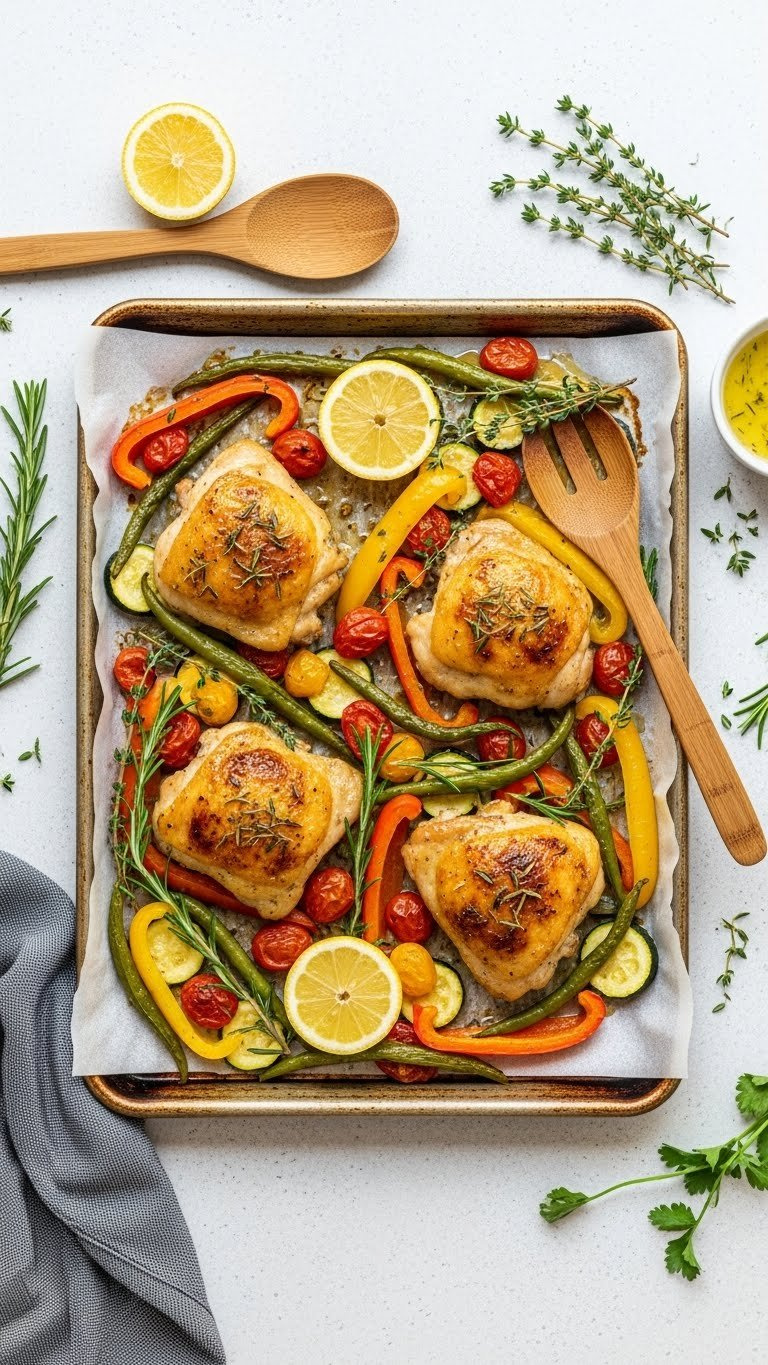 One-Pan Lemon Herb Chicken With Roasted Vegetables On Baking Sheet In Bright Airy Kitchen Setting