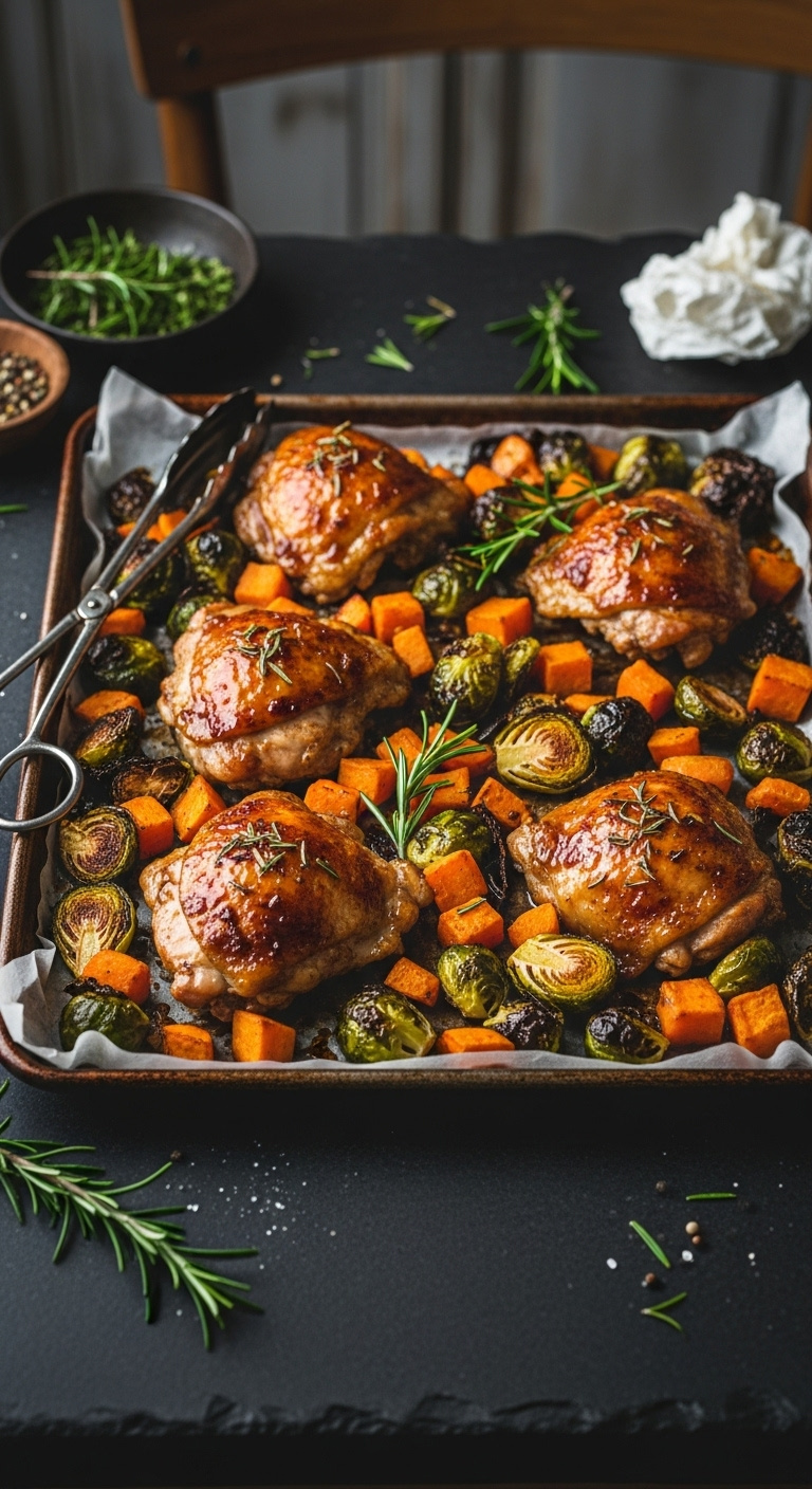 One Pan Maple Roasted Chicken With Sweet Potatoes And Brussels Sprouts On A Rustic Sheet Pan With Rosemary And Tongs