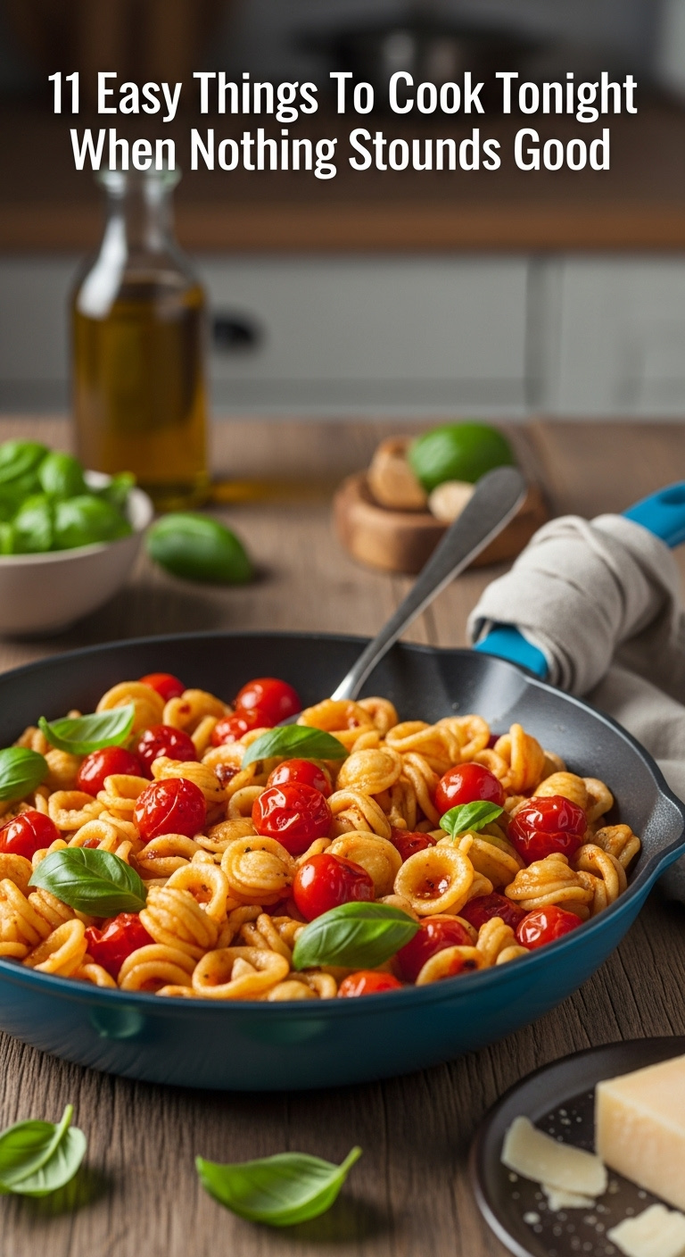 One-Pan Orecchiette Pasta With Cherry Tomatoes And Basil In A Skillet On A Rustic Wood Table With Parmesan And Napkin