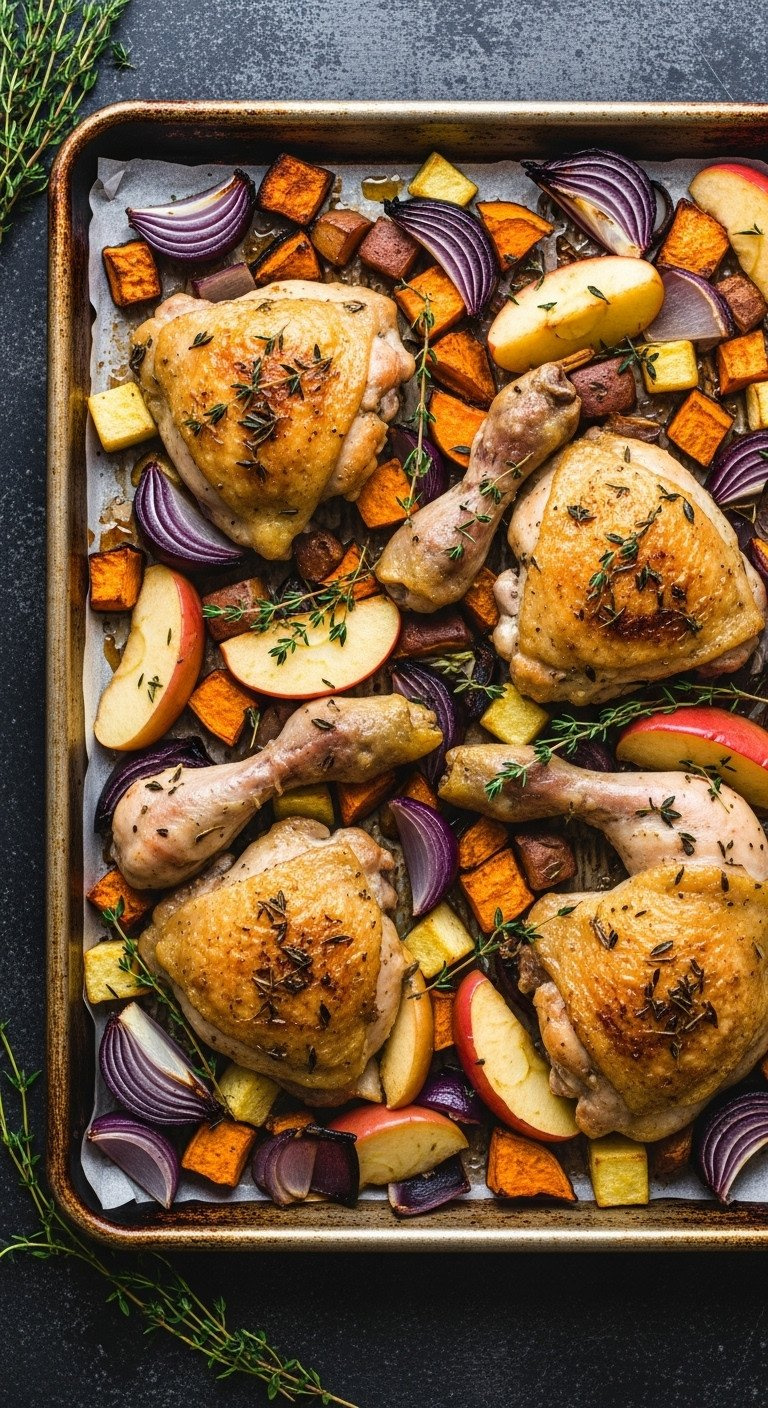 One-Pan Roasted Chicken With Crispy Skin, Caramelized Apples, Sweet Potatoes, Red Onion, And Fresh Thyme.
