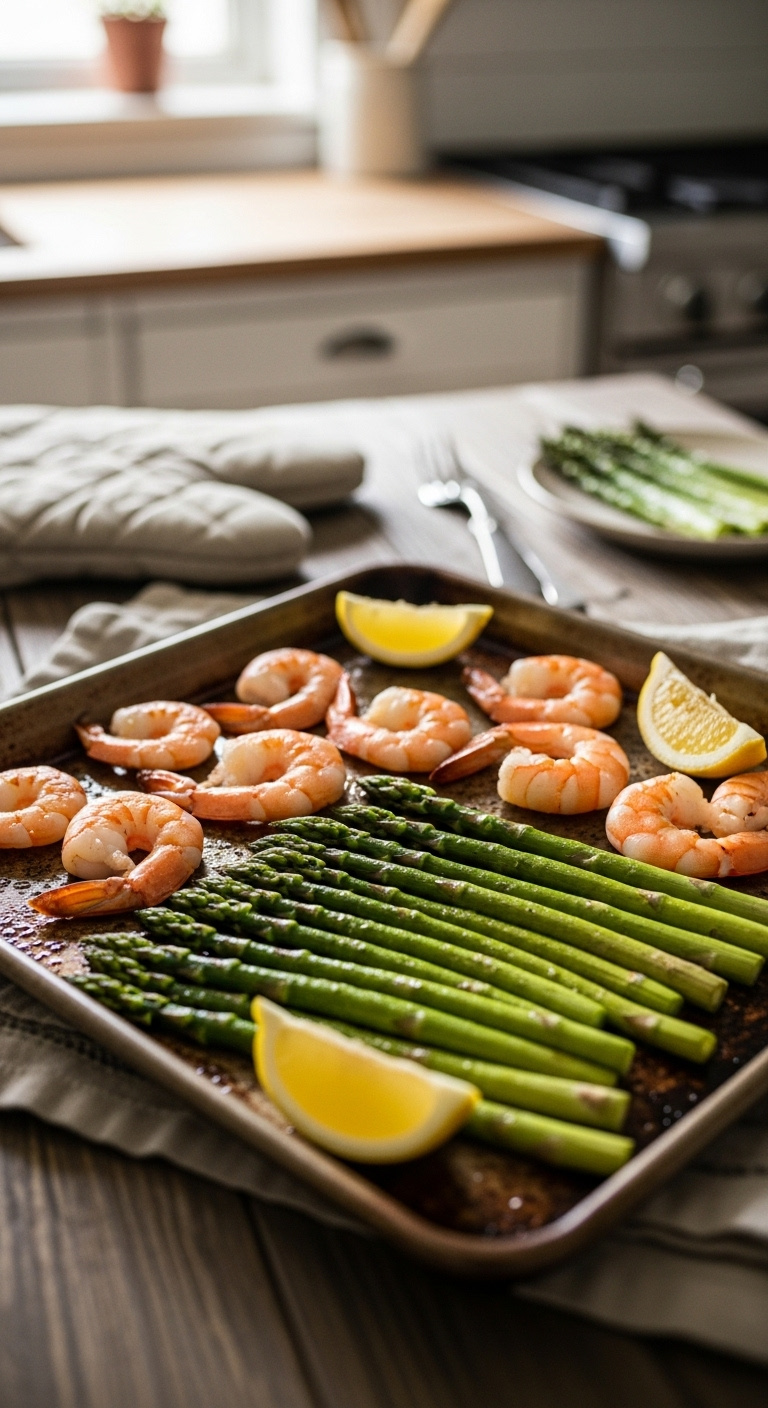 One-Pan Roasted Shrimp And Asparagus With Lemon Wedges On A Rustic Metal Sheet Pan With Oven Mitts And Napkin
