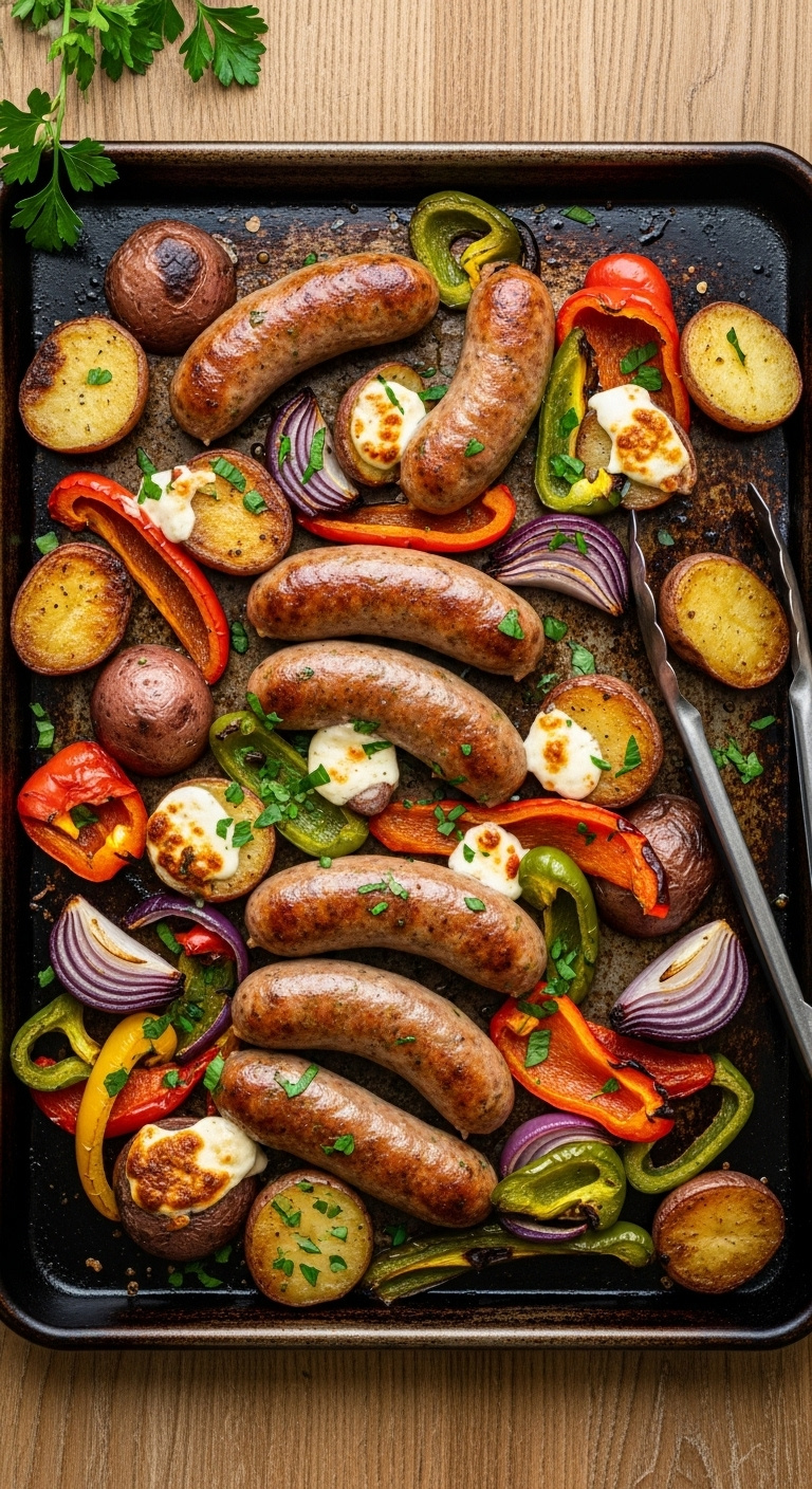 One-Pan Sausage And Potato Roast With Bell Peppers And Red Onions On A Metal Baking Sheet
