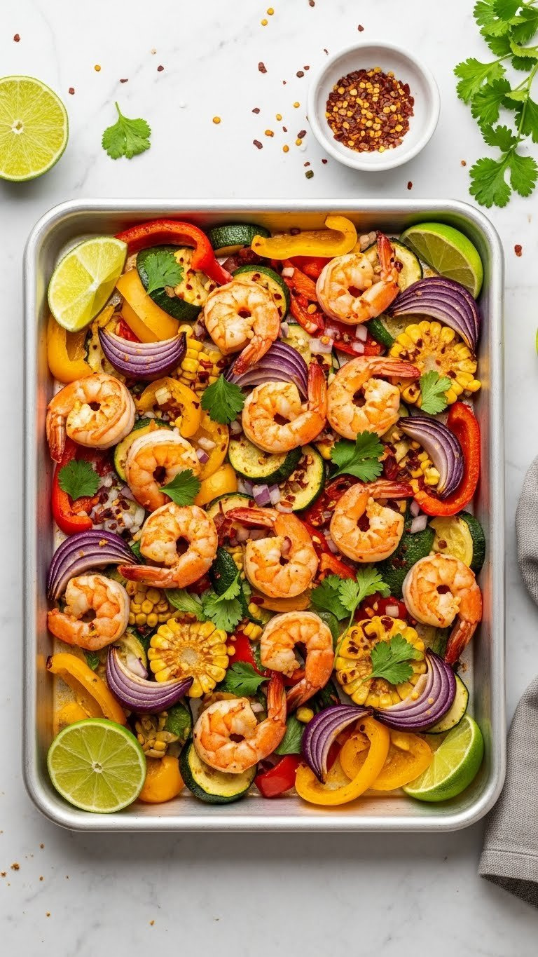 One-Pan Shrimp And Veggie Mexican Bake With Pink Shrimp And Roasted Vegetables On Light Enamel Baking Sheet