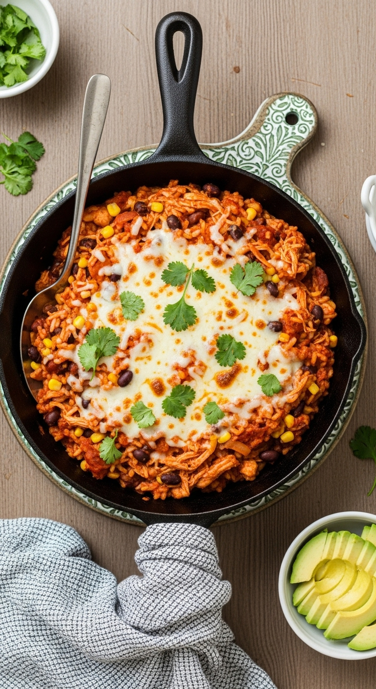 One-Pan Skillet Enchilada Rice With Shredded Chicken Black Beans Corn Melted Cheese And Fresh Cilantro In A Cast-Iron Skillet
