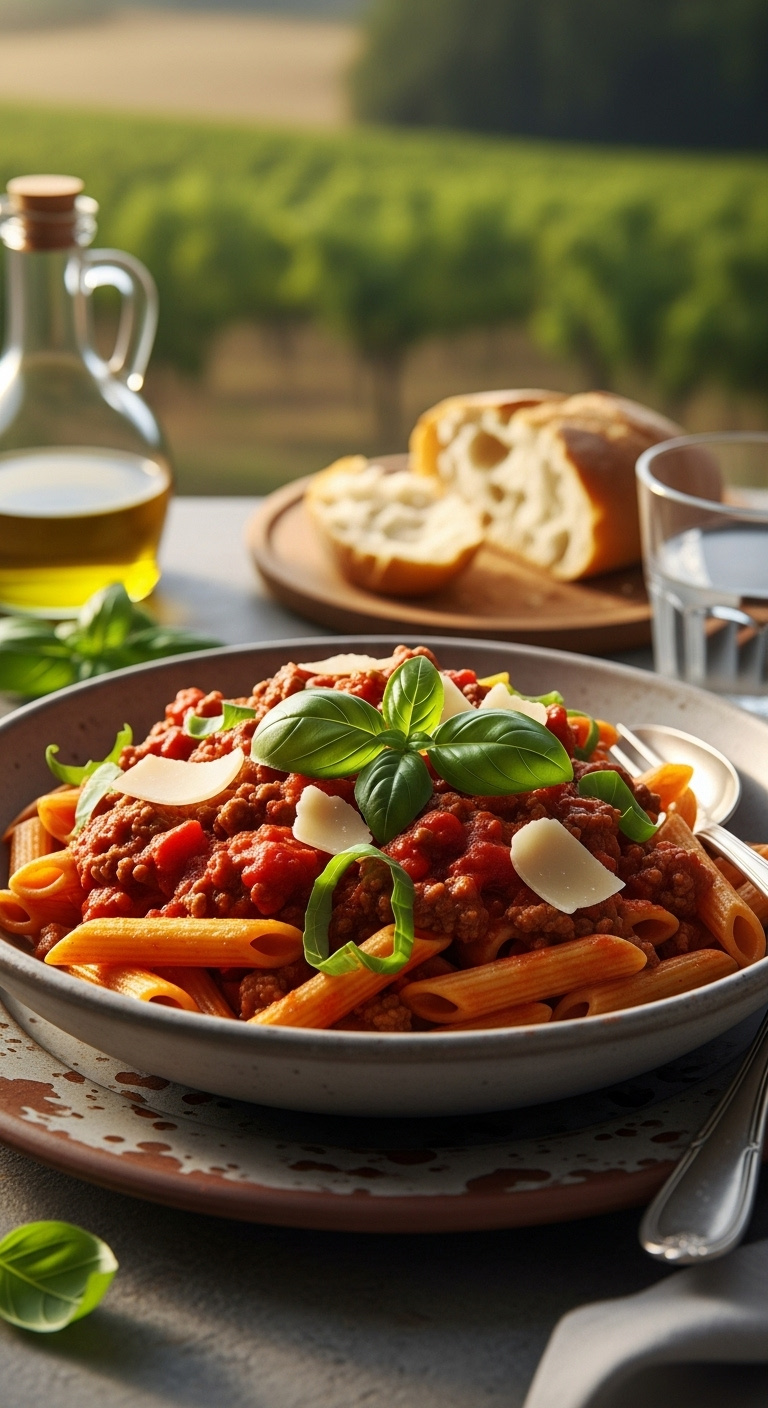 One Pot Italian Herb Pasta With Chunky Tomato Ground Beef Sauce Basil And Parmesan In A Deep Bowl On A Terracotta Plate
