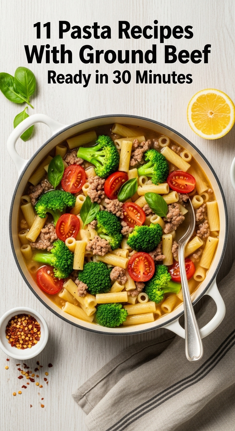 One Pot Beef And Broccoli Pasta With Cherry Tomatoes In A Light Sauce On A Light Wooden Surface