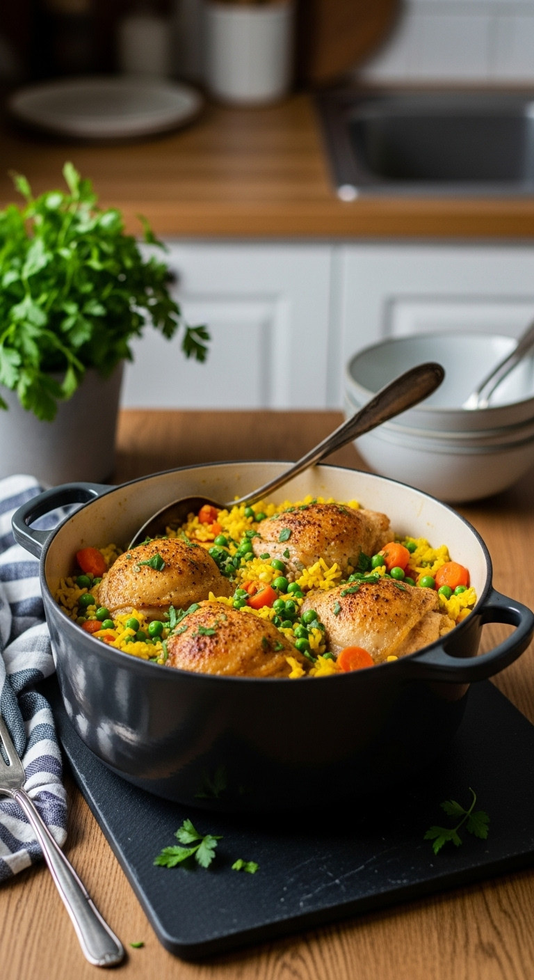 One Pot Chicken And Rice With Chicken Thighs Fluffy Yellow Rice Peas And Carrots In A Dutch Oven