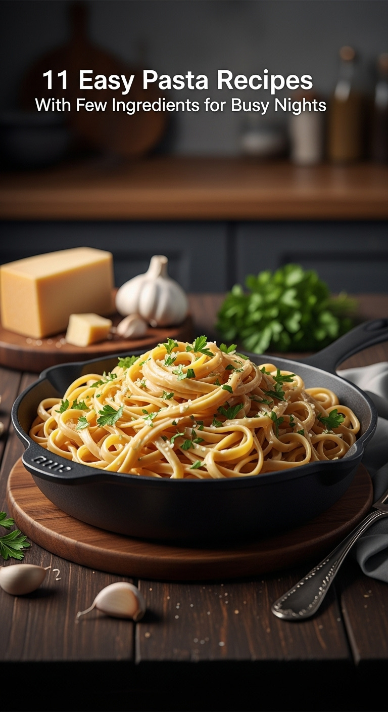 One Pot Garlic Parmesan Pasta In A Rustic Skillet With Fresh Parsley On A Dark Wood Table With Cheese And Garlic