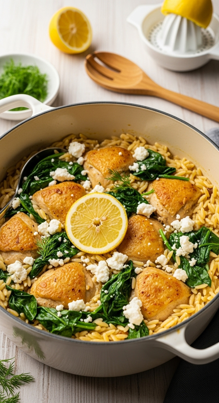One-Pot Lemon Chicken And Orzo With Spinach And Feta Cheese Garnished With A Lemon Slice In A Dutch Oven