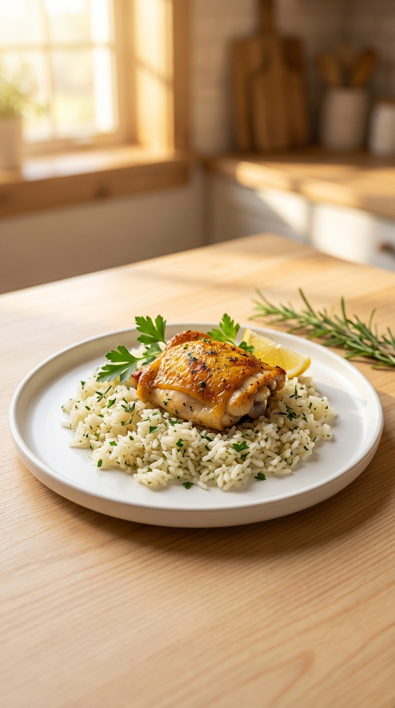 One-Pot Lemon Herb Chicken With Golden-Brown Skin Resting On Fluffy Rice Bed Garnished With Parsley And Lemon Wedge