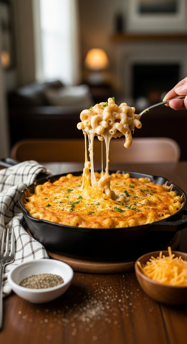 One Pot Mac And Cheese Being Scooped From A Cast Iron Skillet With An Epic Cheese Pull On A Wooden Table