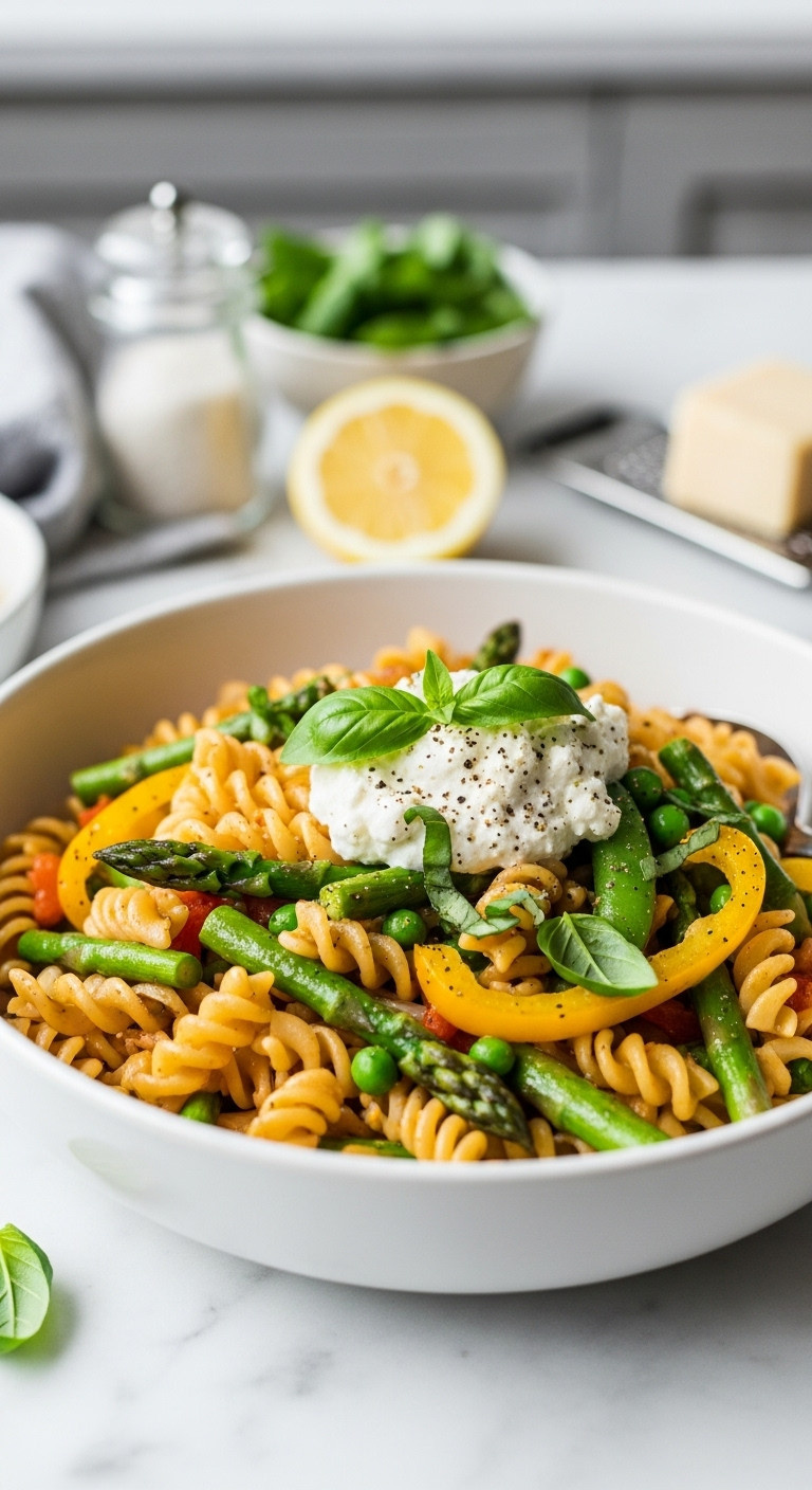 One Pot Pasta Primavera With Summer Veggies And Ricotta Topped With Basil And Black Pepper In A White Bowl