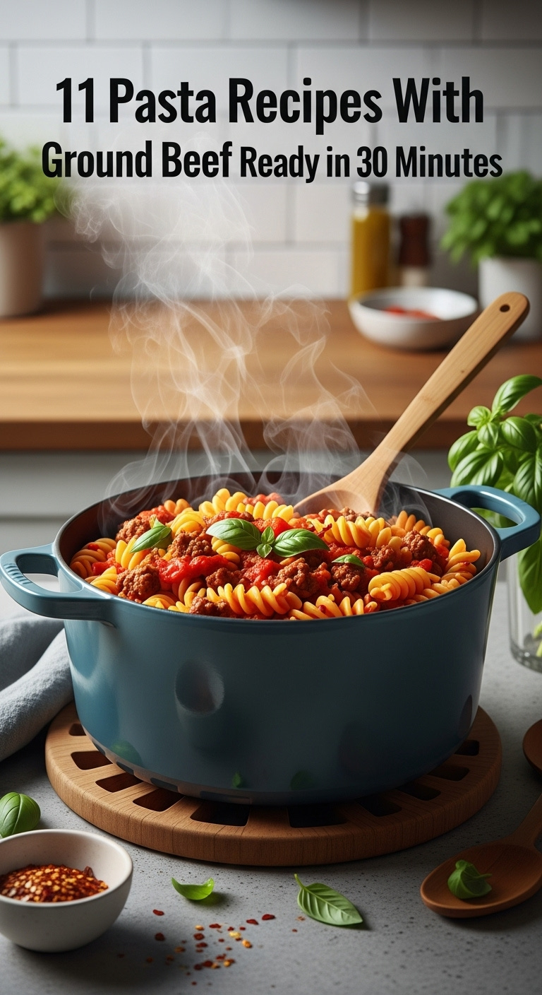 One-Pot Spicy Beef Rotini In A Steaming Dutch Oven With Tomato Sauce Red Pepper And Basil On A Wooden Trivet