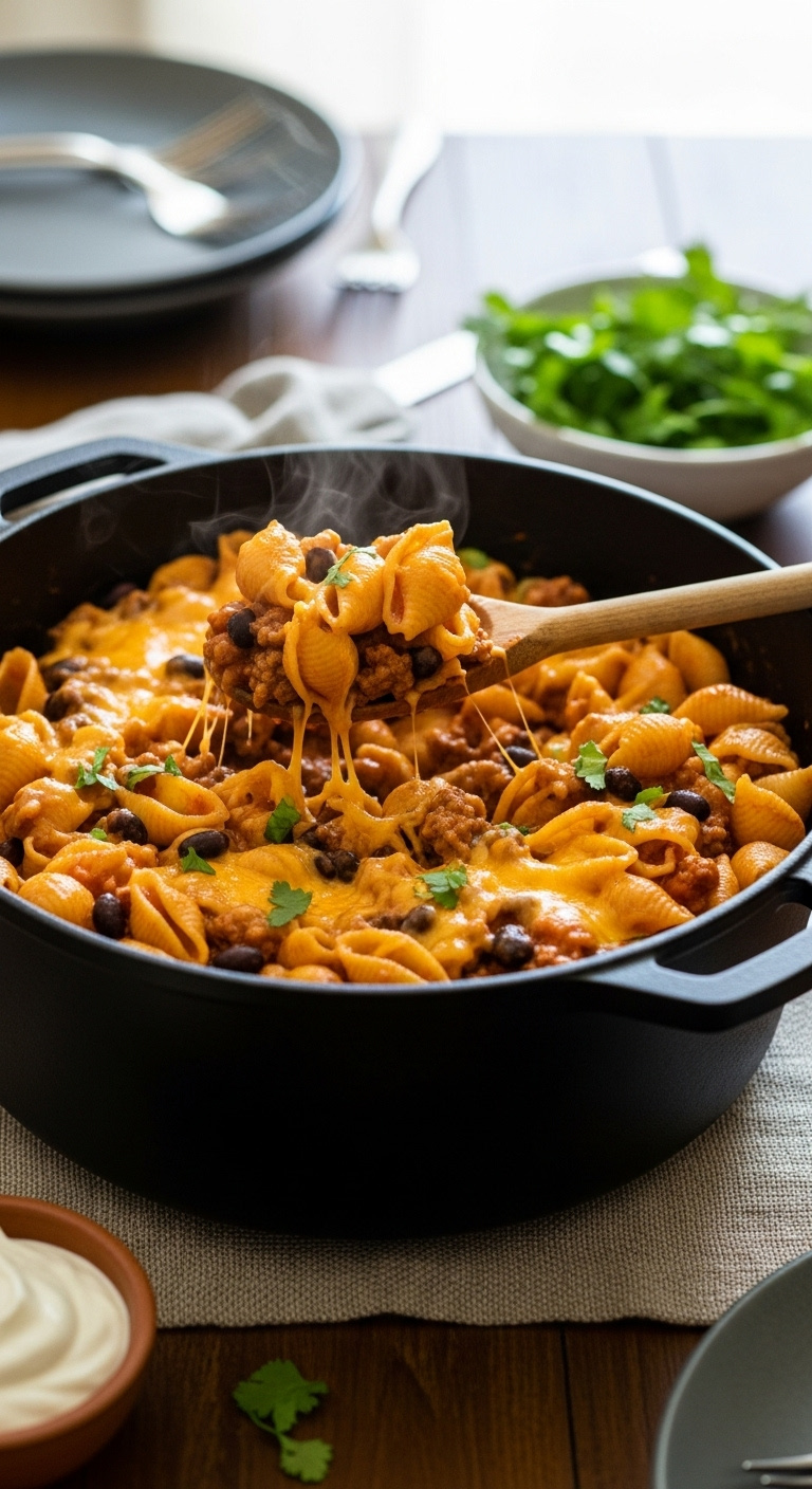 One-Pot Taco Pasta With Ground Beef Black Beans Cheddar Cheese In Rustic Cast Iron Pot With Sour Cream And Cilantro High-End Magazine Cover Style