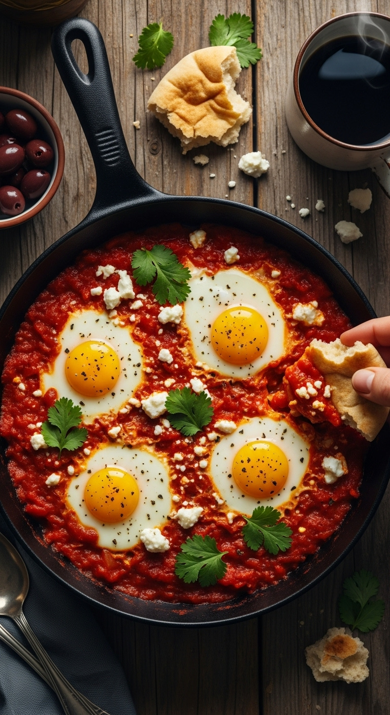 One Skillet Shakshuka With Bubbling Tomato Sauce Eggs Feta Cilantro Torn Pita Bread Olives And Coffee On Wooden Table